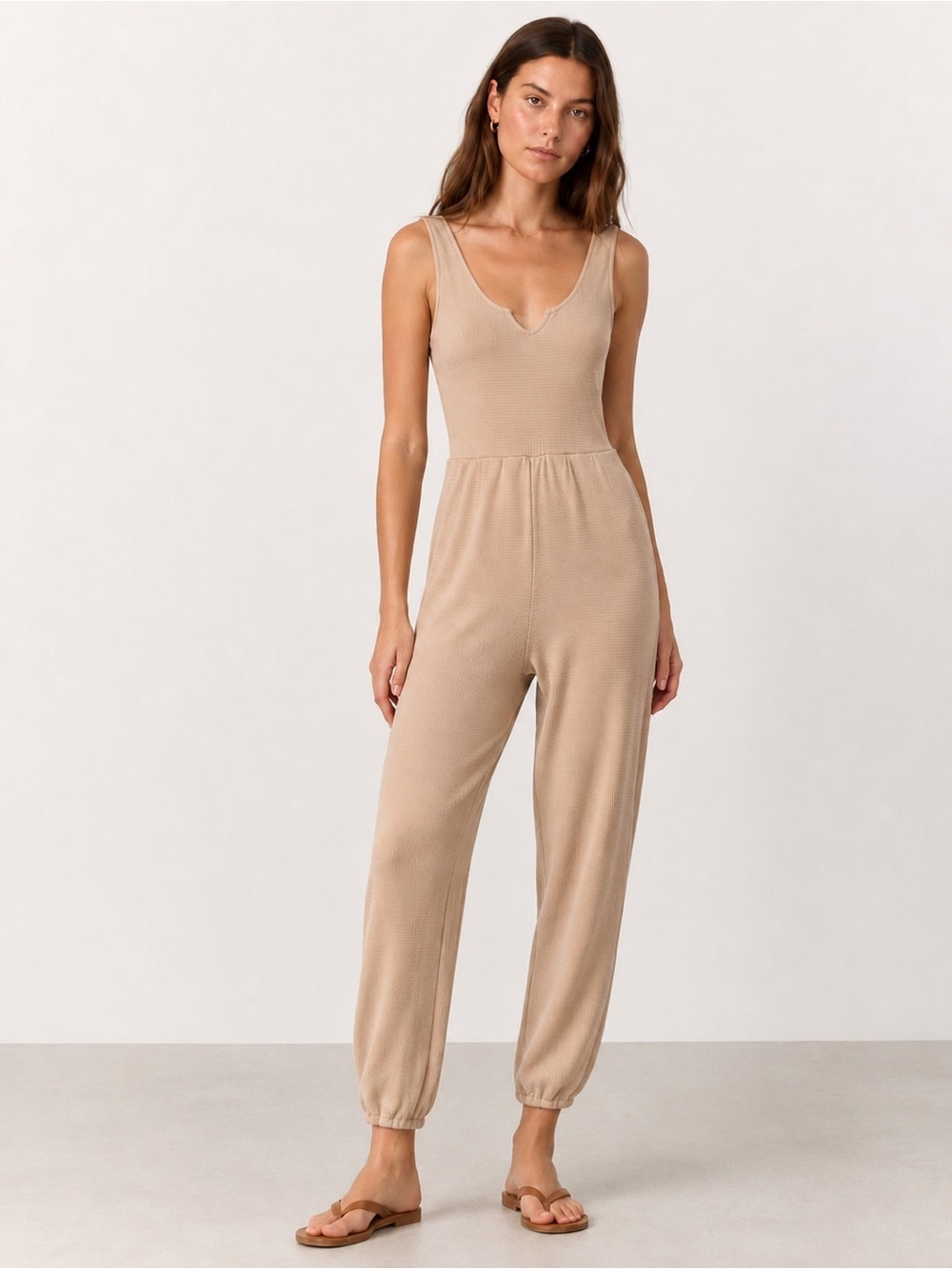 Keen The Label Beige Waffle Knit Jogger Jumpsuit